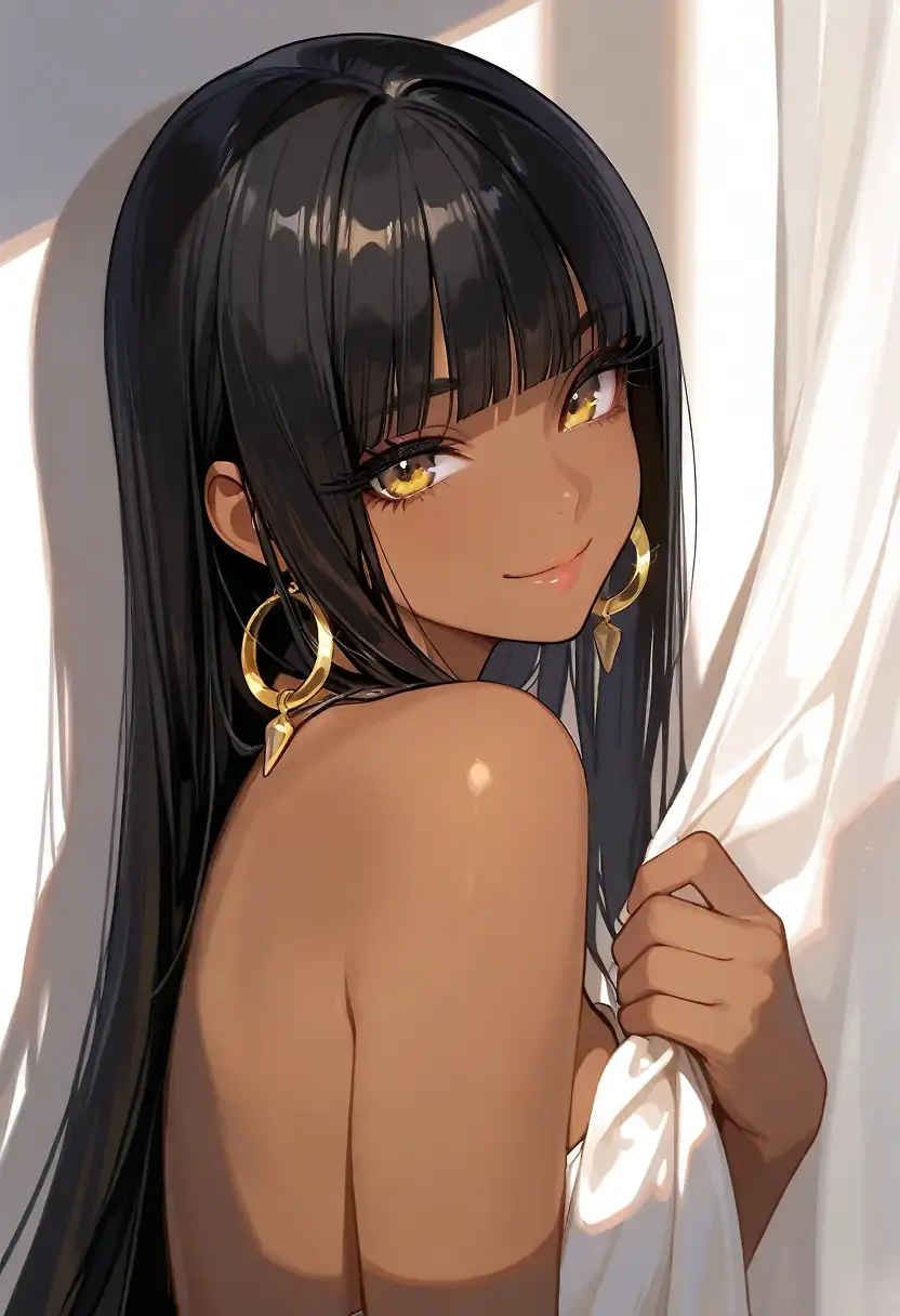 AI art 'Naomi: Silk & Gold (Part II)' with user description '​The shoot continues as the studio lights mimic the warmth of a setting sun, highlighting the deep tan and golden stare that have become Naomi’s signature. In this set, the sophistication reaches a fever pitch. She moves with a fluid grace, turning a simple lingerie photoshoot into a high-end fashion statement.
​Her goal remains clear: to be seen as an untouchable icon of status. Naomi uses the contrast of the delicate fabric against her powerful presence to tell a story of modern luxury. She doesn't need to say a word; her posture and her unwavering composure speak of a woman who belongs exactly where the spotlight is brightest.'