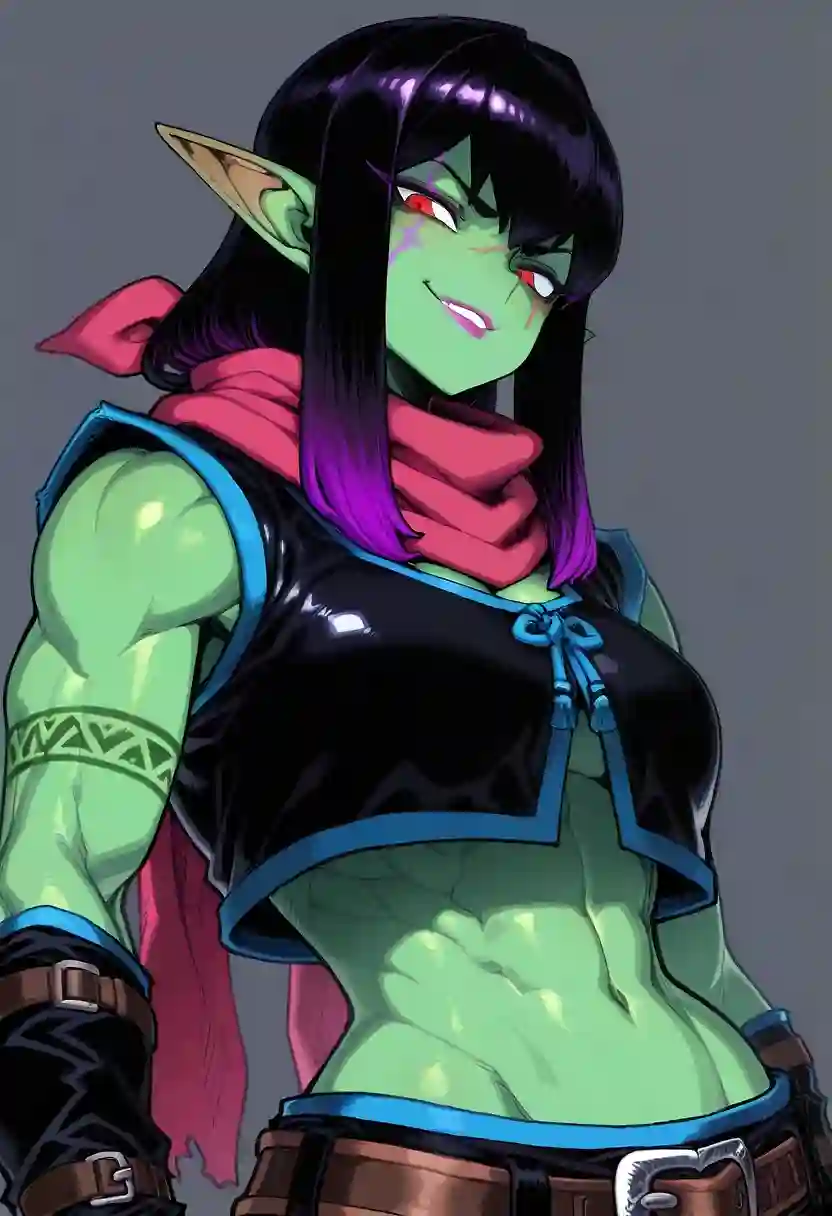 AI art 'Half-Orc Honey' with user description 'Just messing around with designing a half-orc cutie'