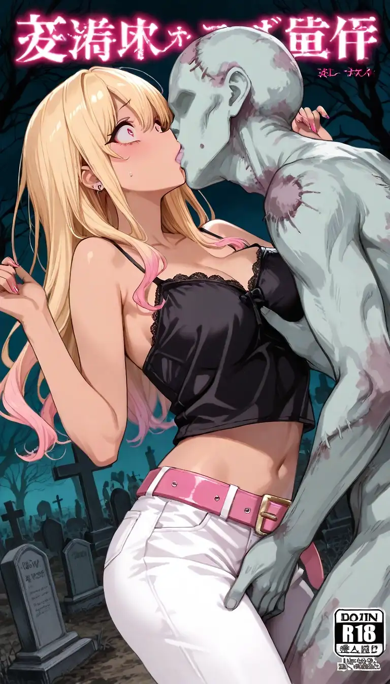 AI art 'Gyaru And The Horny Zombie' with user description 'A gyaru girl wanders into a graveyard as zombies begin to rise from their graves.  Only these zombies don't crave brains, they crave something else.'