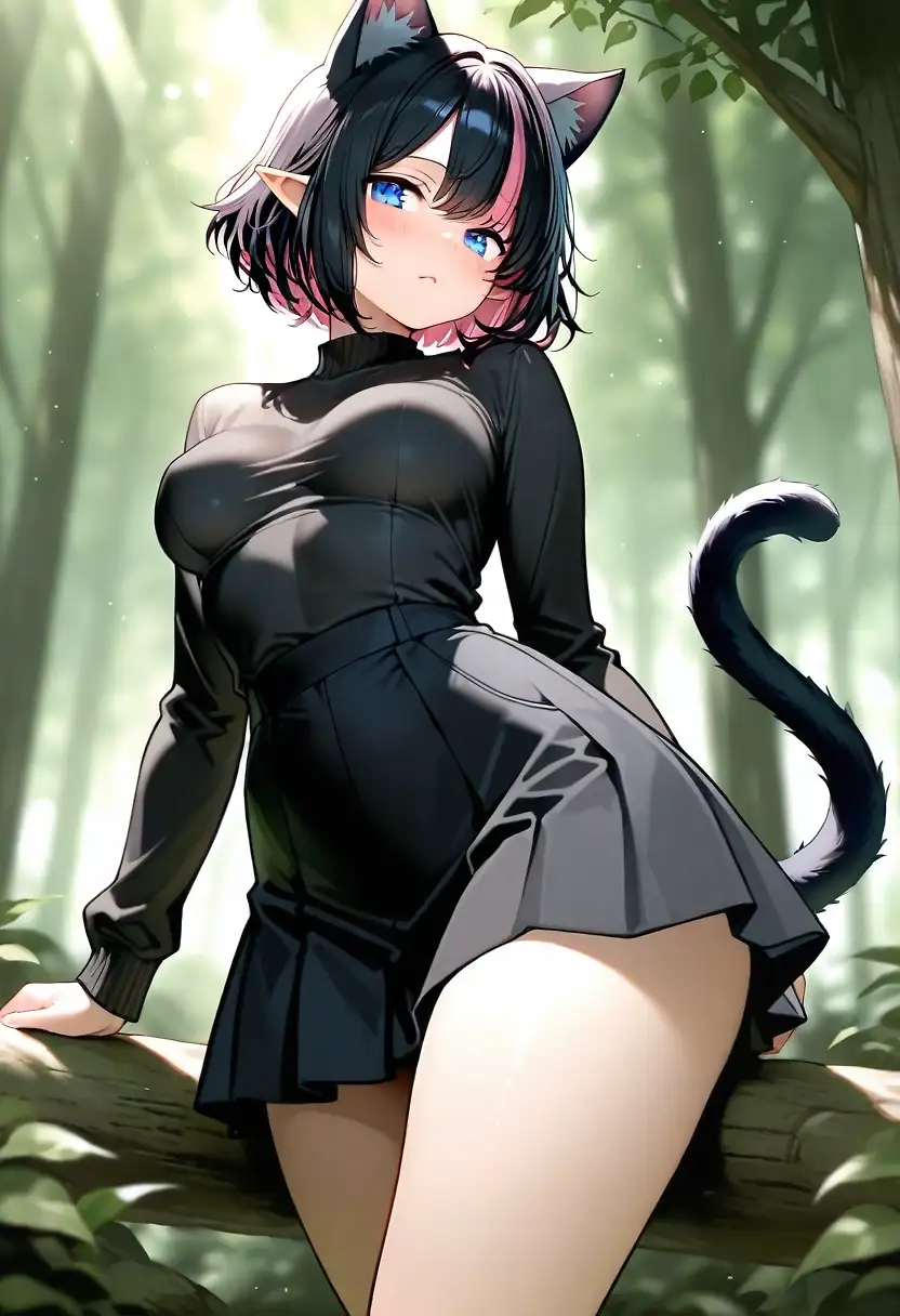 AI art 'OC Nixie Hot Spring' with user description 'This is a new OC based on an idea from @zuzul. A cat elf girl named Nixie, or Nix for short. She is the town scholar, and only cat girl in the elf village. As such, she has a special affinity with all magic, not just tree magic like the rest of her kin. Her personality is sweet but teasing, and cute and innocent outside but far from innocent inside.
Her pink highlights in her hair changes randomly, sometimes her hair turns mostly pink, not even Nixie knows why. Some believe it changes depending on her mood, specifically that her hair is pink when she is horny. But that is not confirmed as it is not consistent.
Today she decided to go to the hot spring on the edge of the forest, luckily no human or elf spotted her so she was able to enjoy herself.
Let me know what you think of her.'