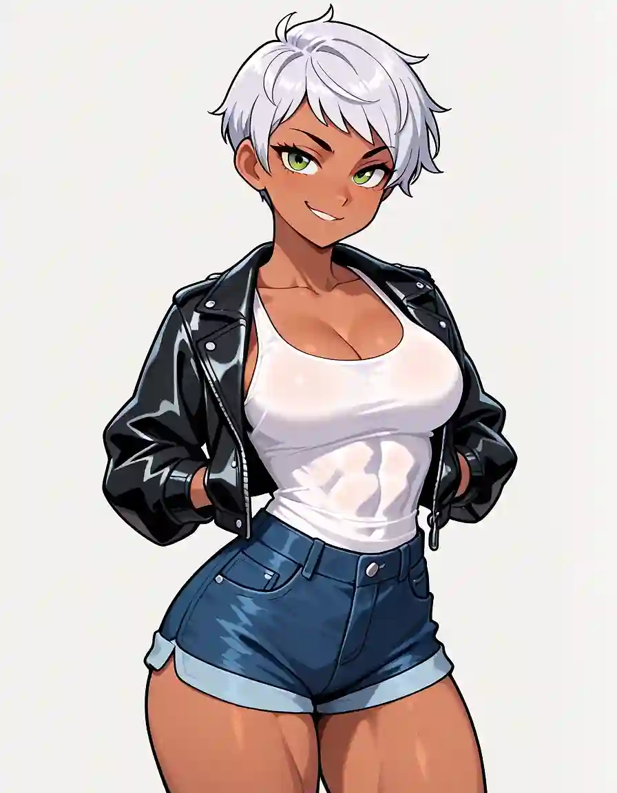 AI art 'My first original character - Celest Vale' with user description 'Celest Vale is the eldest of the three Vale siblings serving as the blunt, no-nonsense enforcer and protector of the family. She is in her mid-to-late 30s and embodies the "don't mess with me" archetype—fiercely loyal, quick to act, and completely unafraid to get physical when someone threatens her loved ones.

Height & Build — Very tall (around 5'11"–6'1"), with a muscular, athletic build honed from years of martial arts, self-defense training, and general life as the family's frontline guardian. Broad shoulders, strong arms, and a powerful core—she looks like she could bench-press men without breaking a sweat.

Hair — Short-cropped silver hair (almost platinum), often styled in a practical, slightly tousled pixie cut that accentuates her sharp features.

Eyes — Piercing green eyes (inherited from the Vale side), intense and intimidating—capable of softening into warmth when she's with family, but usually carrying a "try me" edge.

Style — Favors tough, functional clothing: black leather jackets (often with subtle armor-like reinforcements), fitted dark jeans or tactical pants, combat boots, and minimal accessories. She occasionally wears fingerless gloves or wrist wraps, hinting at her combat background.'