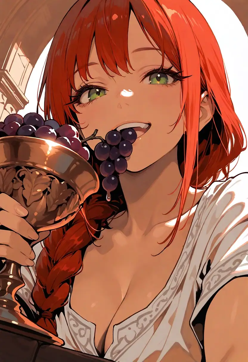 AI art '“The Wine Maker’s Daughter"' with user description '“It is said that men who have tasted her lips don’t ever go back to being the same again.
 It is said that the juice from her grapes is so intense that men who have been with her have gone mad out of love and lust, seduced by those green emerald eyes, trapped in the enchanted liquor dripping from her inner thighs. 
🍇
Beware, if she ever asks you for help, one squeeze, one drop of that wine and you’ll be her slave, forever”
🍇'