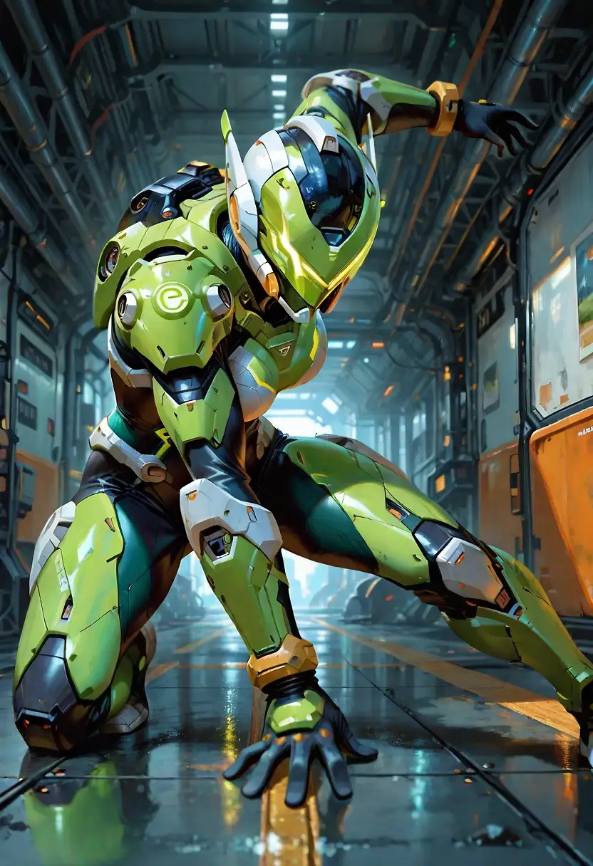 AI art 'Knight Sabers Hardsuits' with user description 'I'm about reach the Knights Sabers final Hardsuit design.

Green: Linna
Blue: Priss
Pink: Nene
White: Sylia'