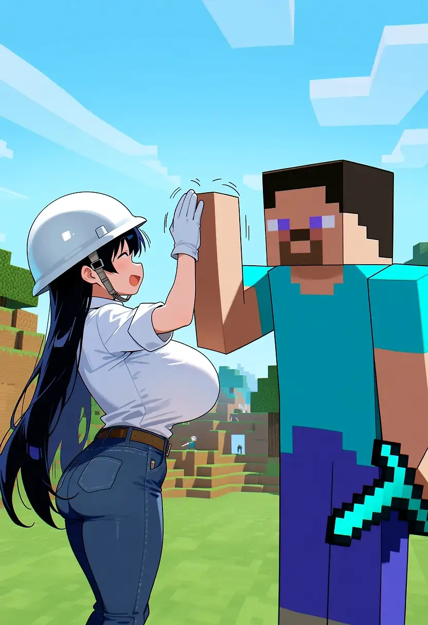 AI art "arato nagi working with minecraft steve"