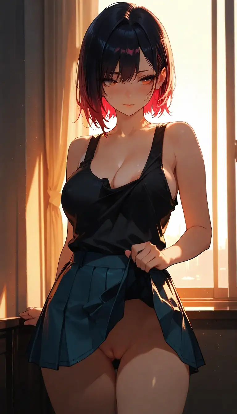 AI art '👗 Skirt lift' with user description '@bad77 reminded me with their recent post how much actually I like skirt lifts and a fleeting pussy peek 🌸'