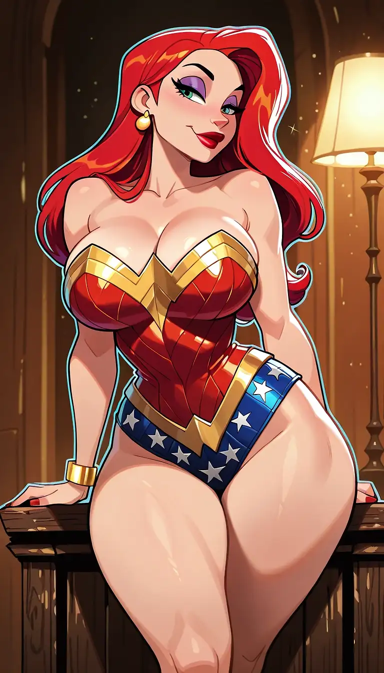 AI art 'WW cosplay' with user description 'Jessica Rabbit: Wonder Woman cosplay'