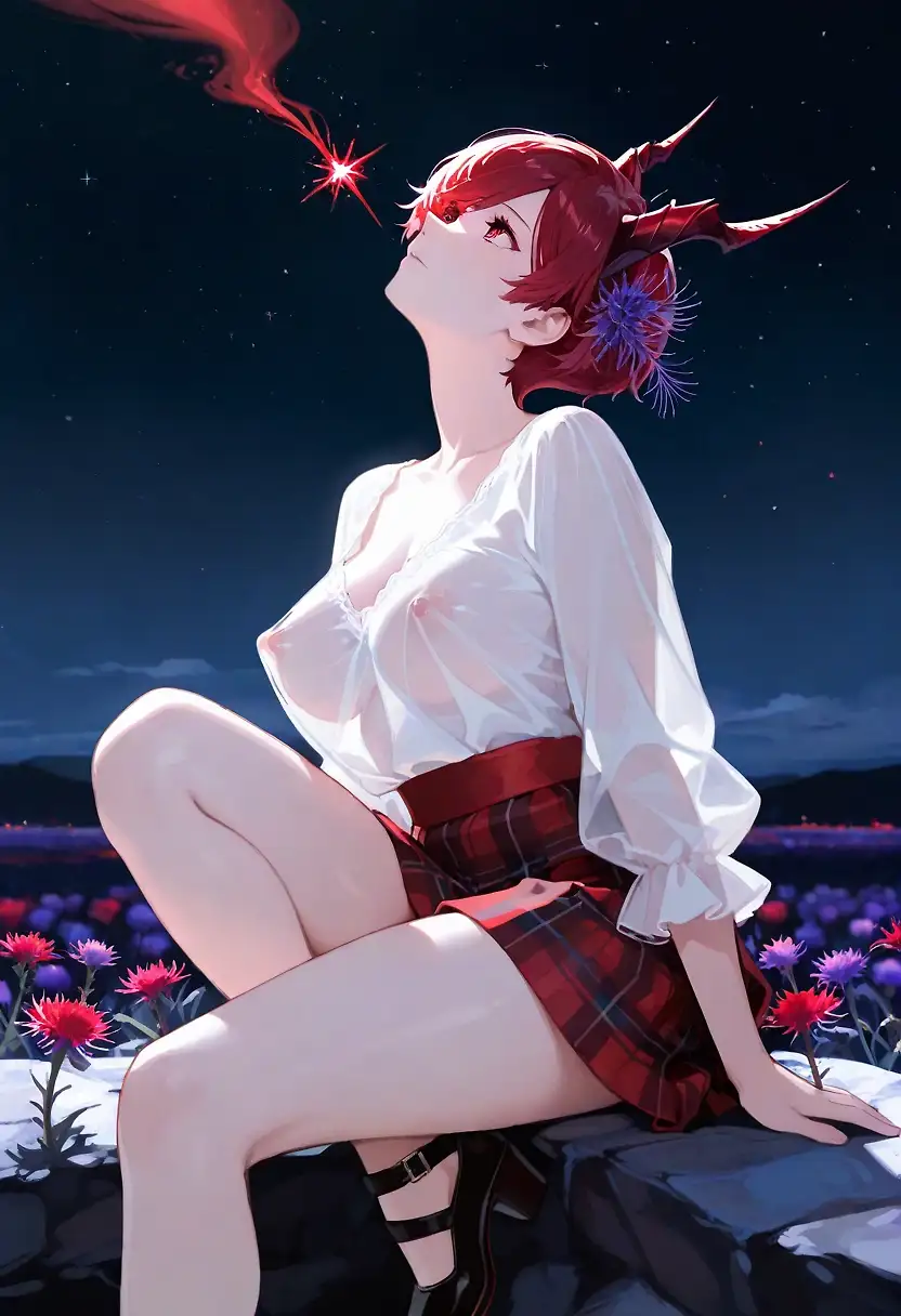 AI art 'Zodiac Sign Aries' with user description 'I am trying to capture the beauty of each zodiac sign.

In astrology, Aries is primarily associated with the color red and the thistle flower, both of which symbolize the sign's fiery, resilient, and protective nature. Picked the Scottish attire because the Scottish national flower is the thistle and the White for Aries second color.

Tell me what you Thing and If i captured the Essence in a sensual way.'