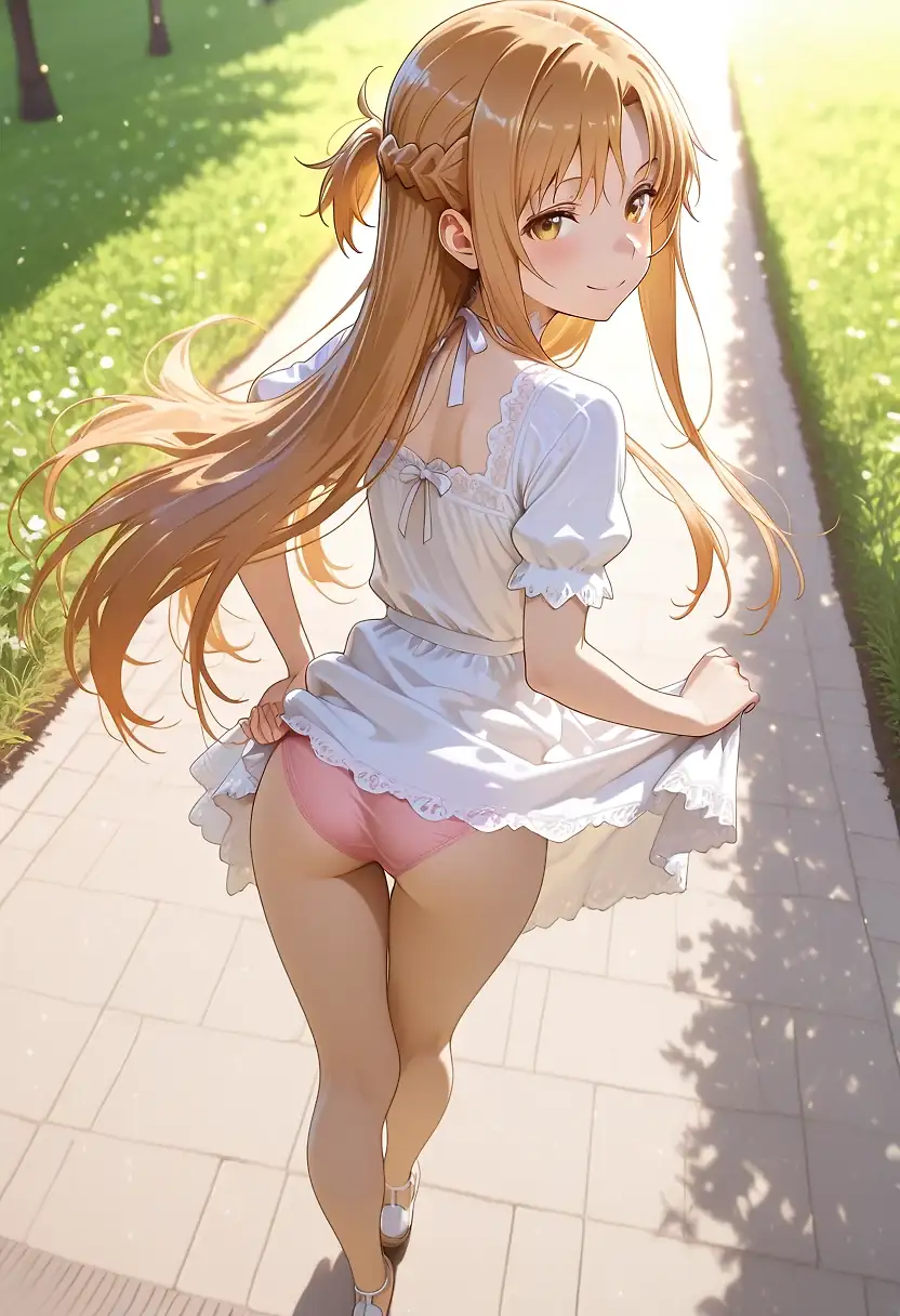 AI art 'Morning stroll with Kirito' with user description 'Asuna is teasing Kirito for when they get back to her house. "I'm going to let you use me like a toy, Kirito; make me forget my name, okay?"'