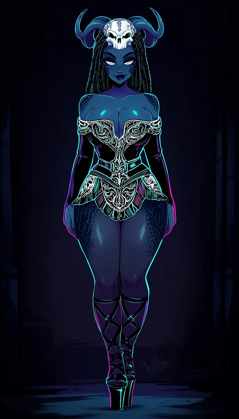 AI art 'Elegant yet monstrous, mesmerizing yet grotesque.' with user description 'That was how the survivors described her.

She emerged only beneath a moonless sky, gliding through the mist with impossible grace. Every movement was refined, almost regal, as though she had once belonged to a forgotten royal court.

Then the light would catch her.

Curved horns framed a face of haunting beauty. Midnight skin shimmered with iridescent scales. Delicate claws adorned hands that looked capable of both comforting a child and rending stone. Her smile was warm enough to invite you closer...

...until you noticed the rows of impossibly sharp teeth hidden behind it.

No one could decide whether she was a goddess or a nightmare.

Artists became obsessed with capturing her likeness, though none could ever finish the portrait. They always claimed the same thing—that every brushstroke made her more beautiful, and every glance revealed something more horrifying.

She never spoke.

She didn't need to.

Her eyes carried centuries of loneliness, wisdom, and hunger all at once.

Those who fled remembered only terror.

Those who stayed remembered only wonder.

And those who looked into her eyes for too long...

Could never quite recall which emotion they had felt first.

Perhaps that was her greatest curse.

She was not beautiful despite being monstrous.

Nor monstrous despite being beautiful.

She was both.

Perfectly.

Simultaneously.

Elegant yet monstrous.

Mesmerizing yet grotesque.'