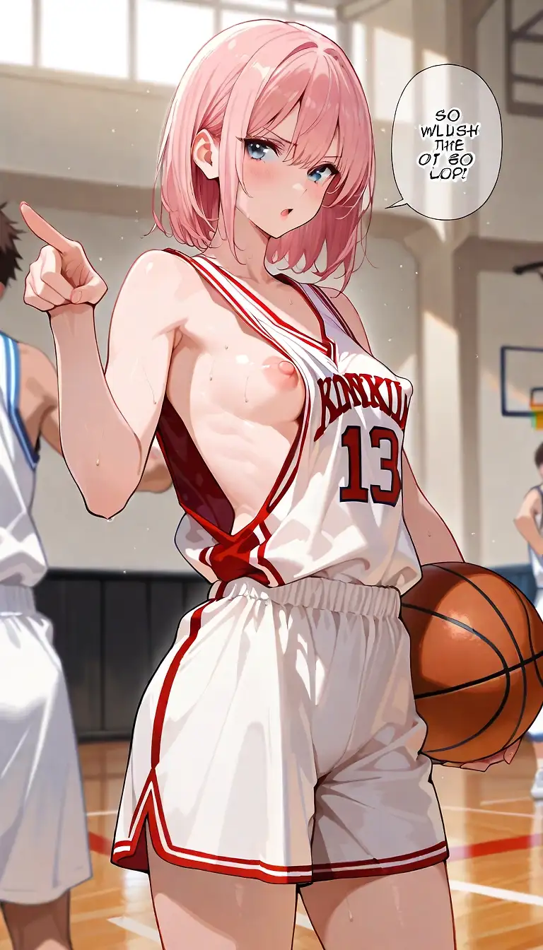 AI art 'Gender bender - Akashi (Kuroko no Basket)' with user description 'This is Akashi Seijuro, the captain and brains of the basketball team... She loves giving orders and doesn't care that her jersey is too loose; she likes it that way. Her nipples harden when she's giving orders, but they also harden when she thinks about what comes next... 
Because on the court, she's the one in charge, but after it's all over, when she and her boyfriend are alone... Her boyfriend is in charge. And he knows how to do it. 
Because Akashi has told him to do what she likes best... Being humiliated. Nipple pinches, slaps on the ass, gentle taps, he's even capable of using his belt at times... Then, he makes her swallow his entire enormous penis, and when he ejaculates a large amount of semen, the belly of the slender Akashi shows the volume and grows. 
As a final touch, he positions her against the lockers and fucks her ass mercilessly until they both come nonstop... What would the rest of the team say if they saw her like this?'