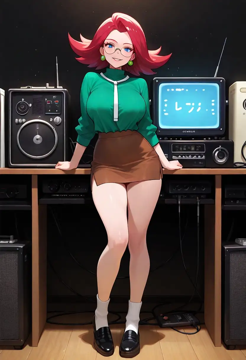 AI art 'Will the Real Oak Please Stand Up?' with user description 'DJ Mary is known for her celebrity interviews and radio shows, which are broadcast in both the Kanto and Johto regions. One of her frequent guests is Professor Oak, with whom she is good friends. She herself has also achieved a certain level of celebrity status, as evidenced by her own fan club. Jessie and James want to experience the perks of celebrity life for themselves, so they disguise themselves as DJ Mary and Professor Oak. With the help of Nurse Joy and Ash, a quiz duel is organized between the two couples to identify the real duo. To avoid looking foolish in the quiz, Jessie sneaks into DJ Mary's recording studio to gather information about the real Mary. Suddenly, the real Professor Oak appears, demanding his daily dose of sex. To avoid being exposed, Jessie has no choice but to go along with it.'