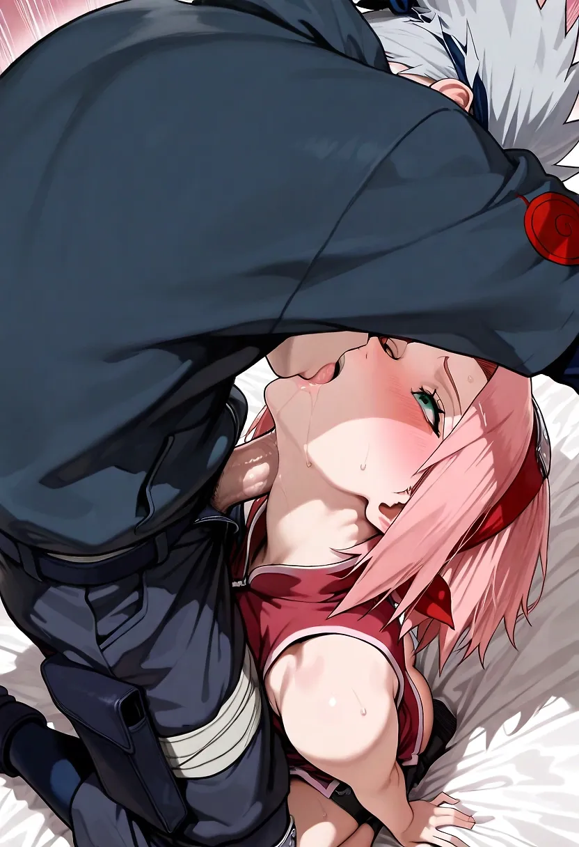 AI art "Forbidden Pink" with user description "Sakura Haruno and Kakashi Hatake in a passionate and forbidden relationship. The powerful pink-haired kunoichi and the legendary silver-haired Copy Ninja finally give in to their long-hidden desires."