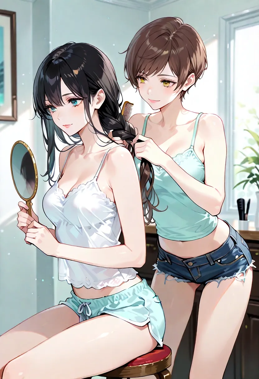 Girls helping each other with grooming
