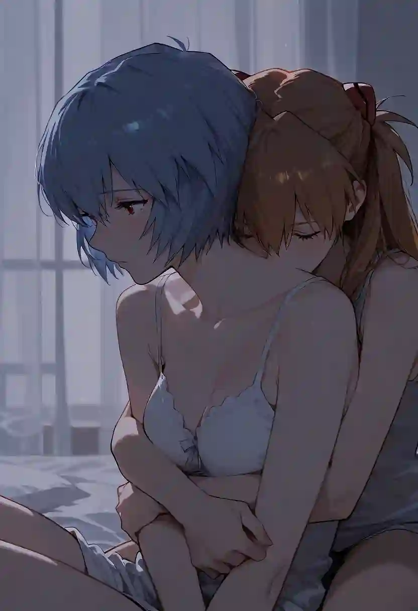 AI art 'Asuka and Rei intimate moments' with user description 'Asuka and Rei love each other madly. This is the life they deserve!'