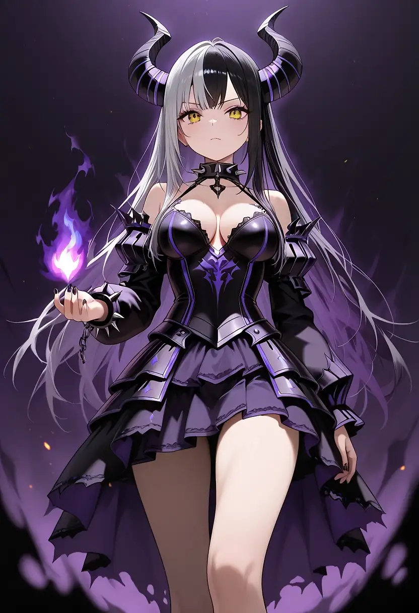 AI art 'V (oc) demoness princess' with user description 'Vera or v as she prefers to be called, is a several thousand year old demon princess. Don't let her looks and her being a princess she is anything but pampered. Trained in the mythic arts, well versed in high tier magic and being one of few to wield a unique style of hell flame she is as dangerous as they come. At least until she decides its time to strip and relax'