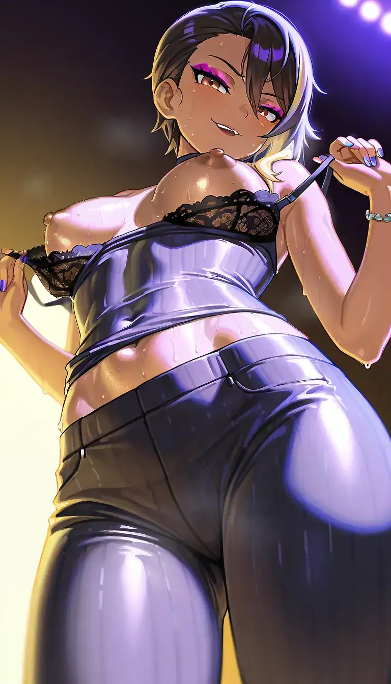 AI art 'New OC needs a name...' for prompt: 'Tall, 1girl, slim, dark skin, medium breasts part, long dark asymmetric hair, nipples, shirtless, taut dress pants, naughty face, seductive pose makeup, plack nails, jewellery, beautiful, side lighting, harsh edge lighting, pantsuit, pinstripe, lace bra, from below sweaty, shiney skin, removing bra, small areolas'