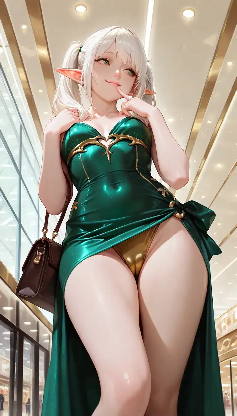 AI art 'Expensive Habbits' for prompt: 'Masterpiece, realistic, from below, 1girl, solo, elf, white hair, twintails, green eyes, smug, short gold dress, form fitting dress, shoulders, strapless dress, finger on lips, purse over shoulder, covered pussy, mall, looking away, surprise'