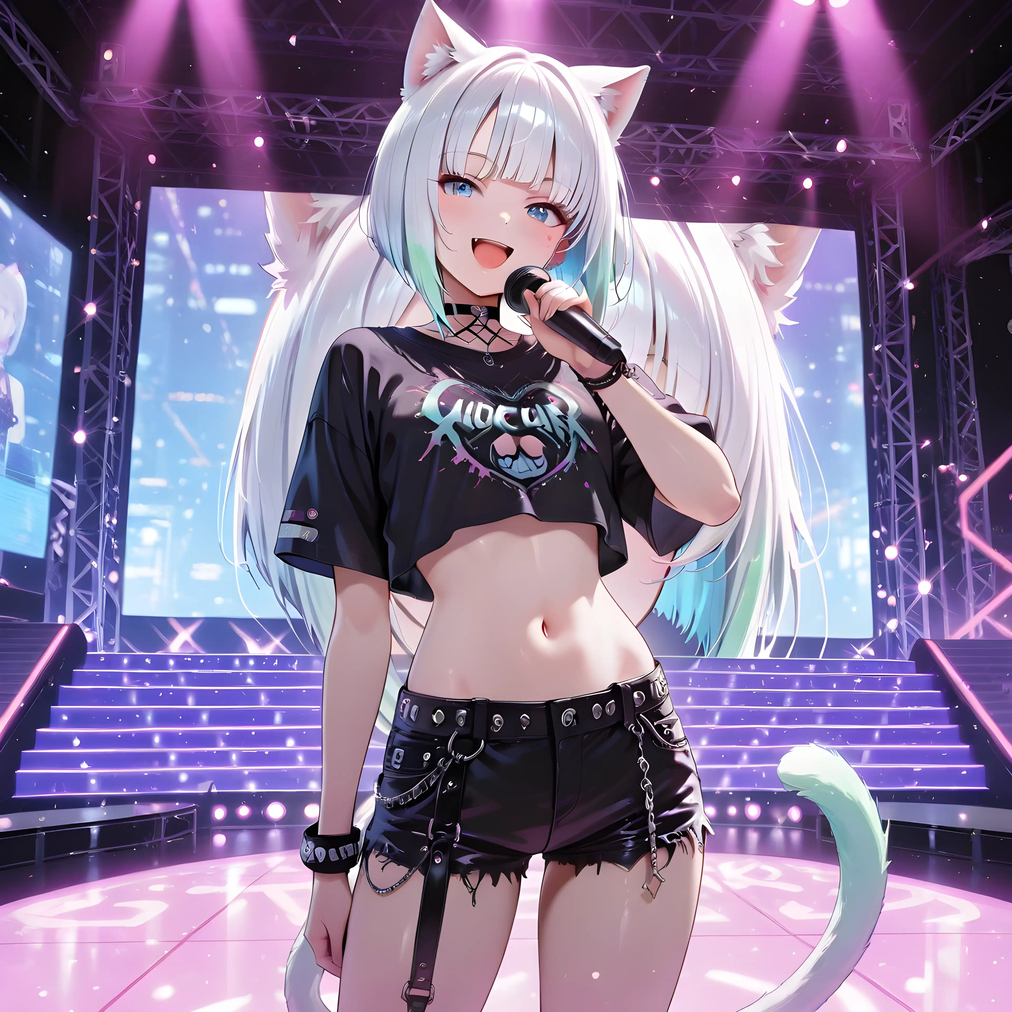 AI art 'Emma starts her performance and the crowd goes wild!!!' with user description 'When the lights come on, Emma comes alive and goes all in. She sings so beautifully that every single person in the crowd is completely locked onto her eyes, shining like diamond rings.'
