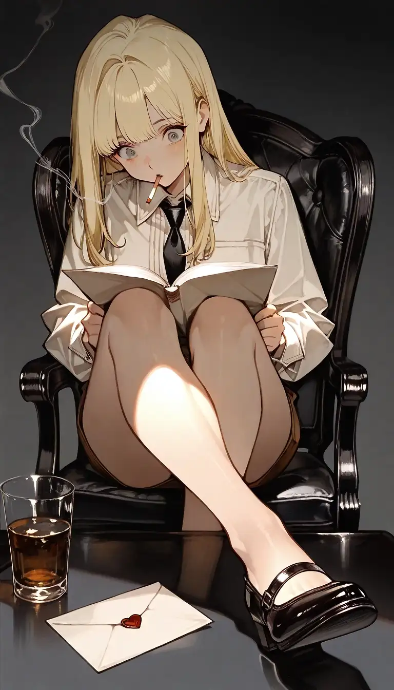 AI art 'Noir City - The Black Book' with user description 'I was so surprised when I read your letter... All the feelings from the past flooded back.
How many years had it been... I thought you'd forgotten about me. But in your letter, you still spoke to me with affection, just like in the past. I could almost smell your perfume in the letter. You told me that someone had tried to assassinate you.
My heart skipped a beat. You kept saying that you thought it was because of a book, an old book, that you'd acquired at an auction, hoping it would increase in value. In the end, you asked me to come to your nightclub. You asked me "for old times' sake." I poured myself a whiskey and read your letter at least five times.
Finally, I decided to accept your invitation that very night. And I did. I was so excited inside that I barely felt the chill of the early morning. A quick subway took me to your street, and soon I saw the bright red entrance of your club.
As I approached, your security guard, without me having to say a word, led me through another door, a back door, armored. I went in, my heart pounding, and after a couple of hallways and a beautiful oak door, there you were.
You were wearing your favorite red stilettos. And a red dress that seemed tailor-made for your beautiful figure.
You seemed sad, smoking, staring into space... until you saw me. Then you regained your confident smile, the one I longed for for so long. You tried to make me believe you were relaxed, but you were nervous. I can sense these things; I'm a detective, it's my job. I decided to force a smile and sit down without kissing your cheeks or hugging you as I longed to.
I thought I detected a hint of sadness in your eyes when you saw the distance between us. But you understood; you always understood everything the first time. It was a distance to protect us from each other. And you restored your confident smile. You told me about the book, how you got it, what your plans were, and much more.
I asked you to be extra vigilant and give me the book so I could investigate it. I would do it. I would find out who would kill for it.
I carefully hid it in my trench coat and prepared to leave. Almost at the exit, I heard you get up hurriedly and felt you hug me tightly from behind. You abandoned your confident tone and whispered, "Alice... take good care of yourself... please..." Trying to hide my joy and my love for you, I whispered back, "Don't worry...".
I went back to my office and racked my brains researching that book. I read it from cover to cover; it was like drawings and strange words, a fabulous jumble of gibberish.
I noticed that as I read, my mind... began to understand things I never thought I could understand. To think things I shouldn't be thinking. The atmosphere changed, fluctuated. What had happened to me? I even thought you had drugged the book with some kind of substance to try to reach me...
Then, I felt the tentacles. I knew it as soon as I felt them tighten around my body. It was one thing to buy the book and have it on display, another to flip through the pages without a care. I'm sure you did that. But I "wanted" to absorb its information. And that changed everything.
My mind was working at 200% while my body couldn't move. The tentacles, the physical power of the book, pulled my breasts out. They positioned themselves between my clothes, violating my body and mind. I soon lost track of time. Was it day? Was it night? Pleasure overwhelmed me. The tentacles had already stripped me bare, body and mind, penetrated me.
I began to have orgasms. Multiple orgasms. They grew in intensity. A normal orgasm paled in comparison to this overwhelming sensation that my mind would explode from pleasure. On the floor, I could only drool and melt with pleasure. My last conscious thought was of you. Thank goodness it wasn't her the book caught.
When I thought I would die, I saw you!
You were there among the tentacles! They were trapping you too, tearing you apart with pleasure, but somehow, you managed to reach me. You spoke to me, but I couldn't hear you. You shook me. Very hard. You slapped me, crying.
Suddenly, I woke up. You were beside me, in bed, crying, relieved to see me awake.
"I came to see why you weren't coming back... I didn't know what was wrong with you, you were just trembling and crying, I didn't know how to wake you up..."
I whispered, "thank you..." When I woke up again, an hour had passed. You just looked at me and said one sentence: "Burn it. It has to be you, and it has to be now."
I nodded. We got up naked, and although it was difficult, I set it on fire. We watched it burn. When the lights went out, we were left in darkness. You hugged me, and I felt that it had all been worth it.
"If you hadn't come and saved my life. The police would have found a body. And they would have found a body. And they would have said an aneurysm, or a heart attack, but the reality would have been much more horrific..." You silenced me with a finger and hugged me even tighter...'