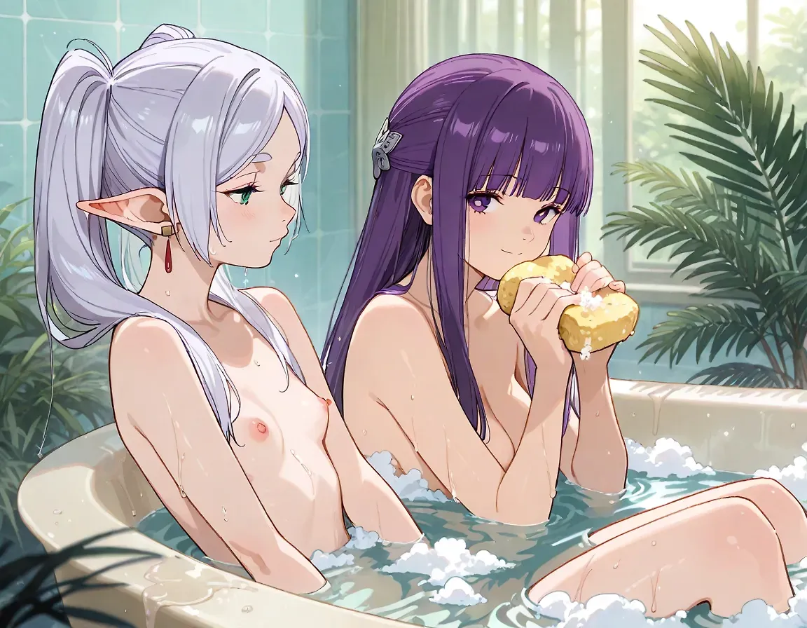 AI art "frieren" for prompt: "2girls, frieren, fern, (sousou_no_frieren), slim, tits out, bath, wash together, sponge, flirting"