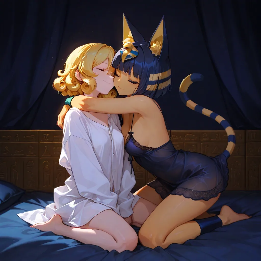 AI art "Ankha's Nightmares (Chapter 3)" with user description "Here's the next chapter in Ankha's story! I hope you'll all enjoy it! ❤️
Previous chapters:
1) https://betterwaifu.com/post/grjrepy
2) https://betterwaifu.com/post/bf8emh3
2½) https://betterwaifu.com/post/ckfd5yr
— Story time —
For the past few weeks, Ankha had been haunted by nightmares almost every night. This dark, stormy evening was no exception.
She stood frozen in that dreadful basement, her heart pounding as her eyes darted desperately around the dim space. There was no sign of Nagatoro or any of the other girls that were there before. She tried to call for help, but her voice refused to work. Just as she began to think she was alone, a flicker of movement caught her eye in the corner.
Ankha spun around. A swarm of eerie, pale hands was crawling toward her—from the floor, the walls, even the ceiling. The horrifying image of that black-and-white bear flashed through her mind. She turned to run, but the hands were faster. One clamped around her ankle, yanking her off balance. She hit the ground hard, and more hands immediately seized her arms, legs, and torso.
“No… let me go!” she tried to scream, but only a choked whimper escaped. The hands rolled her onto her back, pinning her down as several fingers crept toward her face. They forced their way into her mouth just as she finally managed to let out a blood-curdling scream.
Ankha jolted awake, her own scream still echoing in her ears. She was drenched in cold sweat, tears streaming down her cheeks. Before she could even catch her breath, a sharp knock sounded at her bedroom door.
“Ankha? Ankha!” Tara’s worried voice called from the hallway. “Is everything okay? We heard a scream!”
With trembling hands, Ankha opened the door. Tara and her brother Terror2 stood there, both looking alarmed. The moment Tara saw Ankha’s tear-streaked face and shaking body, she stepped forward and pulled her into a tight hug.
“You’re okay… you’re safe,” Tara whispered, rubbing her back gently.
Terror2 lingered awkwardly in the doorway. “What happened? Is she hurt?”
Tara shot him a firm look over Ankha’s shoulder and jerked her head toward the hall, silently telling him to leave. He opened his mouth to protest, but after a moment he sighed. “Alright… I’ll be in my room if you need me.” He closed the door quietly behind him.
Ankha clung to Tara, her sobs slowly easing. When she finally pulled back a little, Tara guided her over to the bed and sat beside her.
“Talk to me,” Tara said softly. “What was it this time?”
Ankha wiped her eyes with a shaky breath. “It’s the same nightmare again… that horrible basement. There were hands everywhere—coming out of the walls, the floor… They grabbed me and I couldn’t get away. And that bear… it always feels so real. I haven’t slept properly in weeks, Tara. I don’t know what to do anymore.”
“Oh, Ankha…” Tara’s voice was full of sympathy. She squeezed her friend’s hand. “I wish I could make them stop. Have you tried anything that might help?”
“Nothing works,” Ankha whispered, her voice cracking again. “I’m so tired…”
Tara thought for a moment, then brightened. “Wait—I have a friend who might be able to help with this kind of thing. I’ll send her a message right now.”
She started to stand, but Ankha quickly grabbed her wrist. “Please… don’t go,” she begged, eyes wide with fear. “Just stay with me a little longer.”
Tara paused, then smiled gently. “I was only going to grab my phone from my room… but it can wait until morning.” She glanced at the bed. “Is there room for me here too?”
Ankha’s face softened with relief. She nodded quickly. “There’s plenty of space. Thank you so much, Tara. You’re the best friend I could ever ask for.”
The two girls talked quietly for a while longer—about lighter things, silly memories, and anything that might chase the darkness away—until they eventually drifted off side by side.
This time, Ankha found herself floating in a sea of soft pink clouds. Everything felt warm and gentle. Without even thinking, beautiful wings sprouted from her back, and she soared through the fluffy sky. All the fear from her earlier nightmare had vanished completely. For the first time in weeks, she felt safe and at peace—all thanks to her best friend Tara.
— To be continued —
Thank you all for reading! I really struggled to put a sexy scene in this chapter of Ankha's story. I didn't want it to feel forced, so in the end all I could do was add in a nice ending image. (Still not NSFW though... 😓) I promise the next chapter in Ankha's story will feature a lot more naked skin! (...or fur?)
I hope you can still get some enjoyment out of this post @blackhairedstudent, god bless your soul. I pray for your account everyday! 😘
And lastly, let me tag everyone else as well! 🥰
@zerogroupe21 @doggomage @usagi77 @thoughtzi @octavian @heihund @cef_ultra @warmicestudios @parda @bad77 @barry915 @cro_bo @zesoul @onlyyouprod @smut317 @gildenstein @reptorn @goobygubby @peterco @a_casual_prompter"