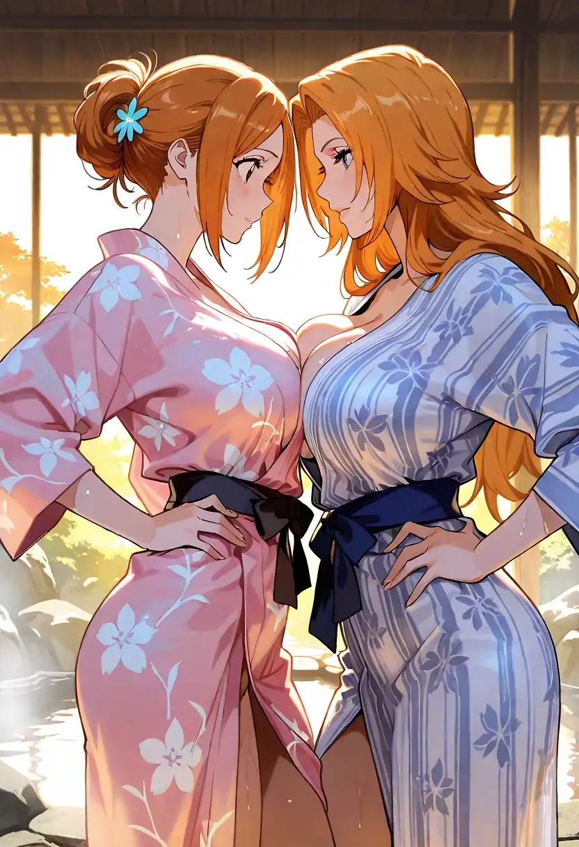 AI art 'Orihime x Rangiku' with user description '≧☉_☉≦ Bleach girls onsen fun ≧☉_☉≦'