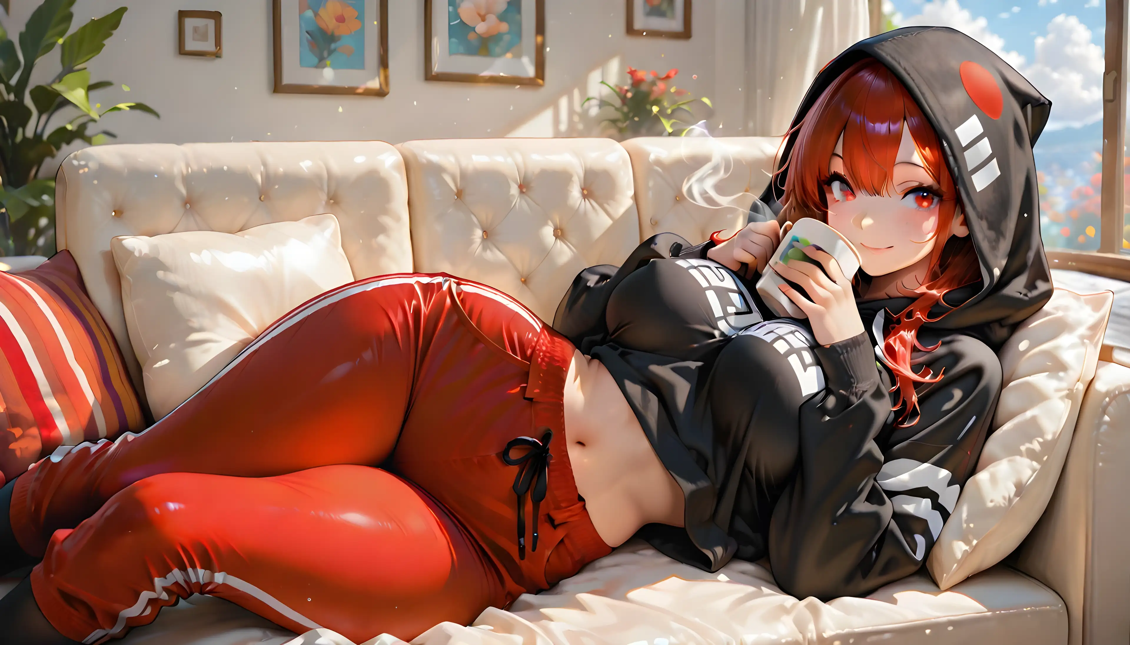 AI art 'Coffee With Yumi' with user description 'Yumi has a cup of coffee before she goes out to the forest. What will she find?'