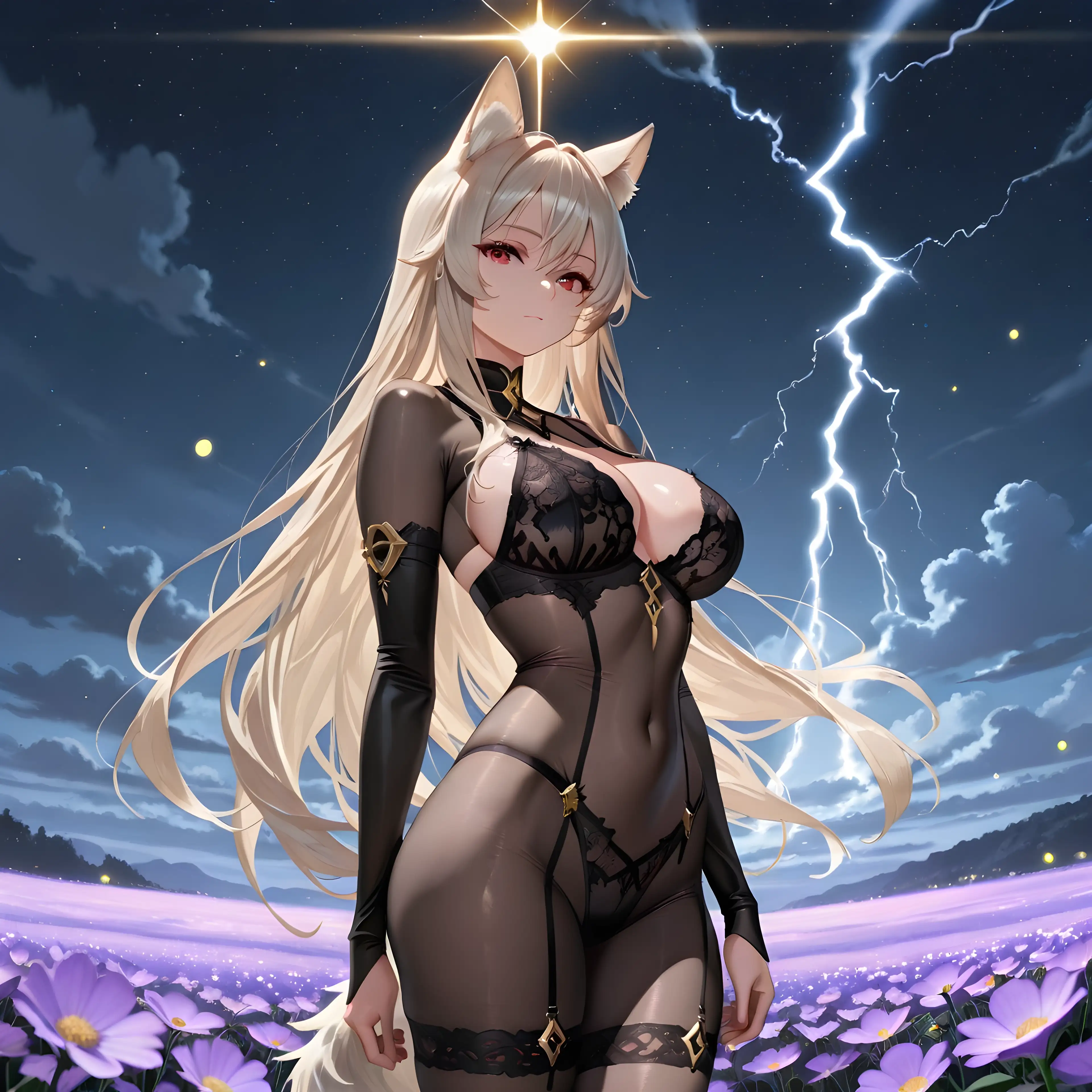 AI art 'The Golden Light That Pierced the Night' with user description 'The field slept beneath the moonlight, wrapped in silence and drifting fireflies.

Then a golden light pierced the night.

A warning... or a promise.

She could not yet tell the difference. ✨🐺🌙⚡'