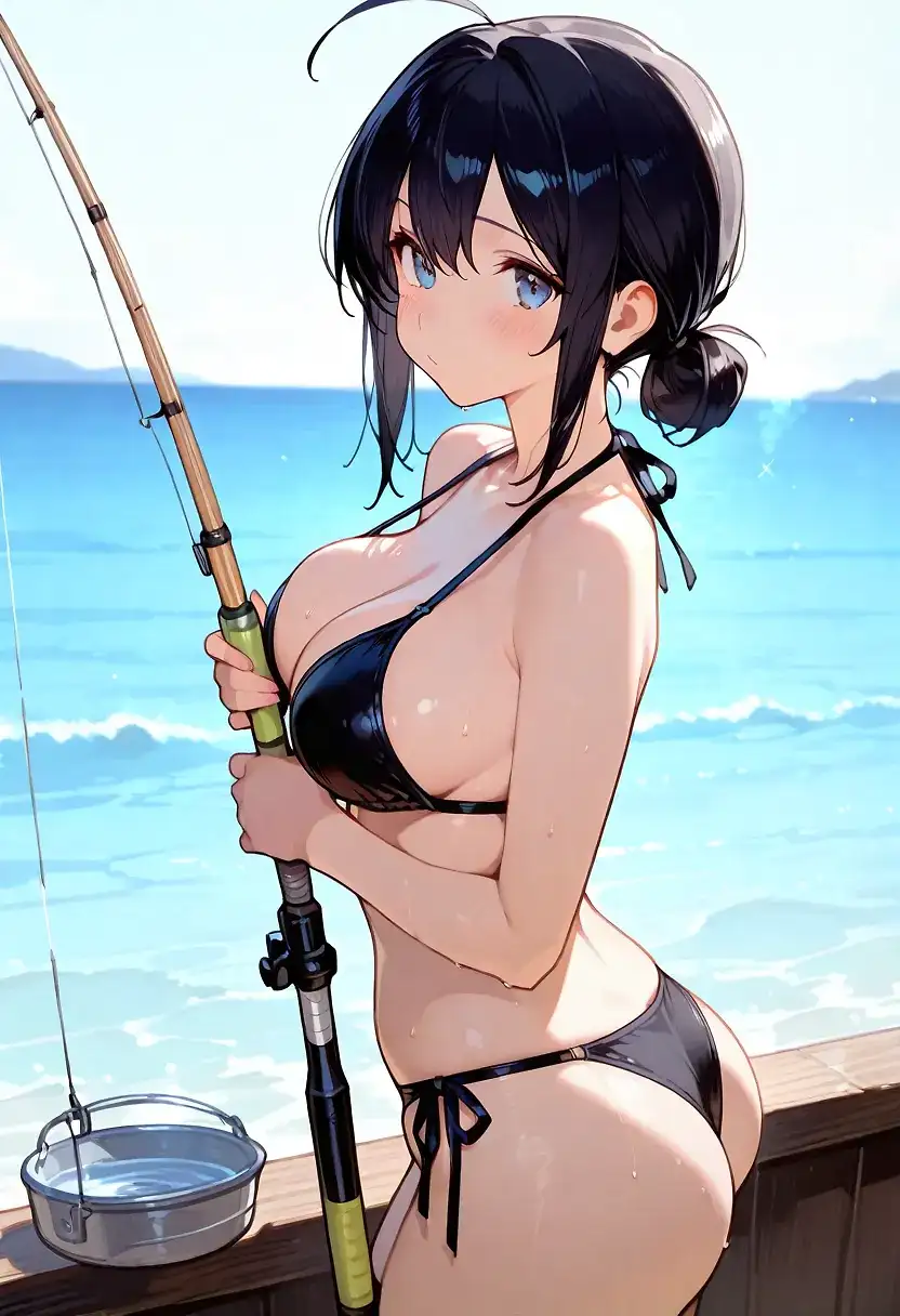 AI art 'fishing' for prompt: '1girl fishing by ocean'