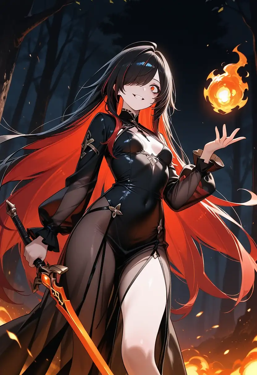 AI art 'Psycho Clea wielding fire 🔥' with user description 'Thought about a fire in the night forest. 
Also decided to name her Clea from now on 😁
Hope you like it 😊'