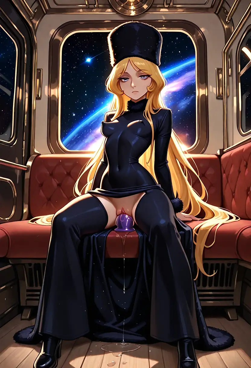 AI art 'Cum aboard the Galaxy Express... part II.' with user description 'Maetel, rule 999.

Long live Leiji Matsumoto.'