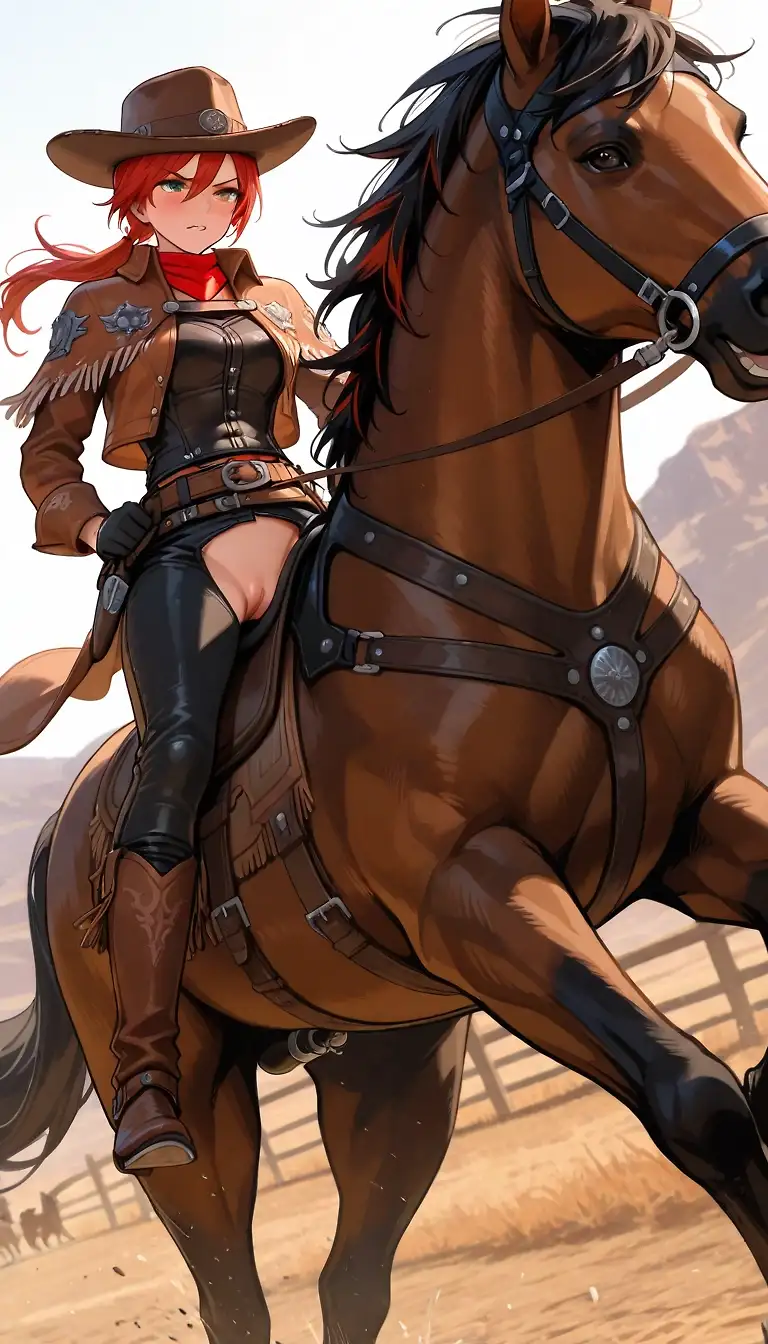 AI art 'Miss Belle' with user description 'After @octavian posted his amazing "Southern Girls" set with girls in cowboy hats, I had a blasphemous idea: how about a hentai Wild West?
So, here it is. Meet Miss Belle and her horse, nicknamed Whore's Horse 🤠'