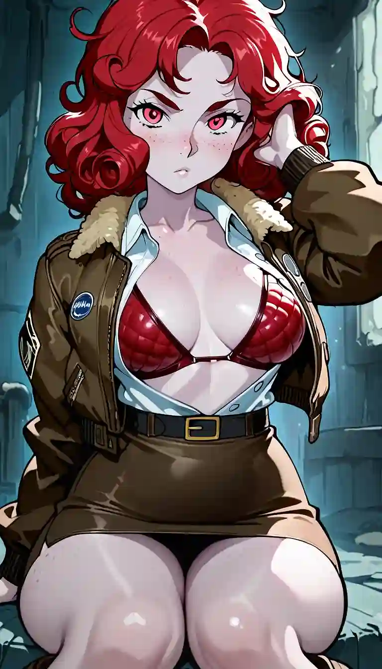 AI art for prompt: 'Anime style, 1girl, smallish perky breasts apart, (freckles), hand in own hair, WW2 style clothes, natural red curly hair, looking at viewer, knee high Combat boots , bomber jacket fur collar, hand in bra,long pencil skirt, pointy padded bra, collared shirt unbuttoned, open shirt, whole body tattooed, pale skin'