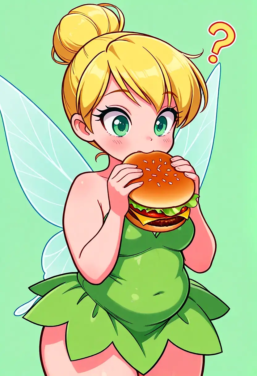 AI art 'Tinkerbelle likes to eat' with user description 'What’s wrong with a chubby fairy?'