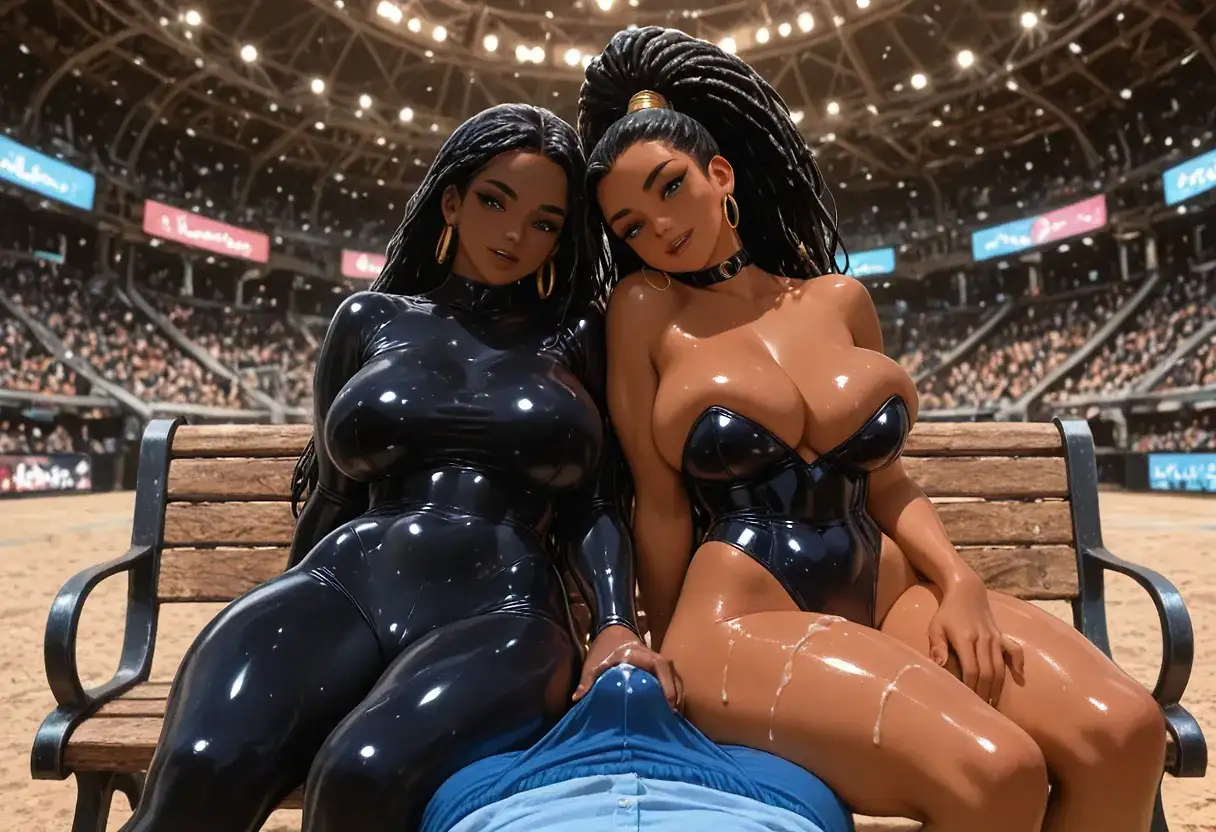 AI art for prompt: 'POV, extremely tight glossy shiny blue spandex leotards, sitting on bench, bulge grab, arena, Three African American Women, big boobs, sitting on erect spandex penis bulge, handjob cum through clothes, enormous powerful toned thighs, both African American, Two Princess Tianna, Ebony Woman, African Americans, beautiful faces, one SMALL erection futa bulge, oiled skin, brown hair, curly hair, very curly hair, curvy, very wide hips, beautiful face, HDR, perfect brown skin, extremely beautiful face, Slim waists, orgasm face, gargantuan ass, full body view,'
