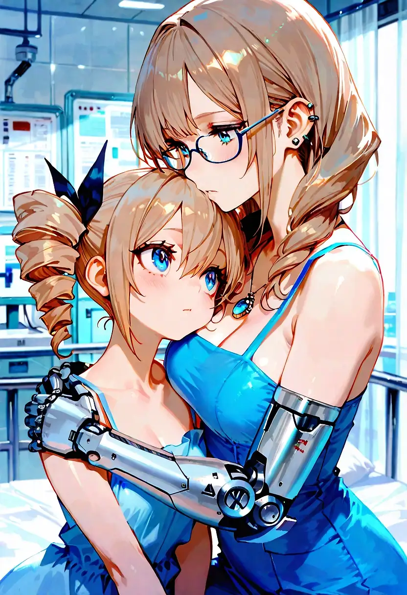 AI art 'Not what i wanted, but...' with user description 'Here are some try to get a hug between Hana and Akiko for the hospital leaving scene. It seams Hana want really bad a daughter and Akiko has a crush for robots 🤣 I don't say they are not good but it's not what i had in mind 🤔'