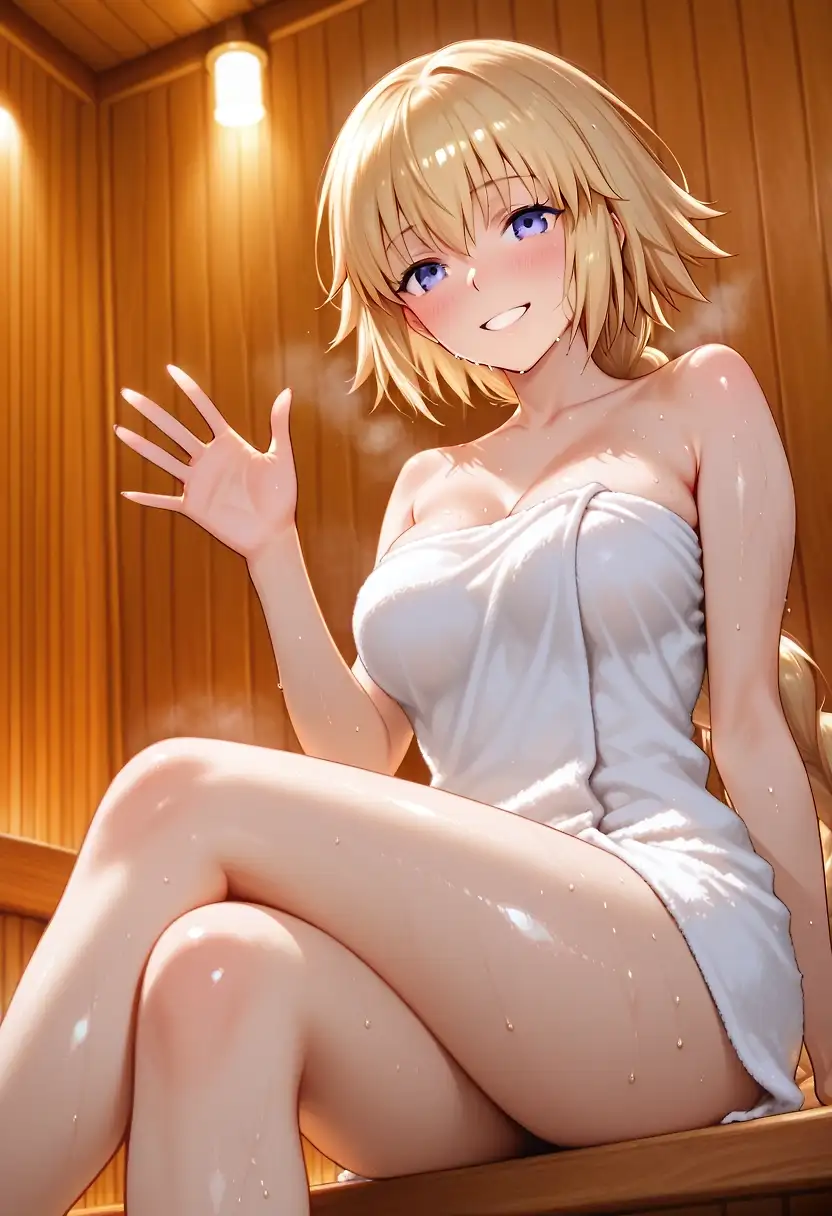 AI art 'Sauna Sex' with user description 'Jeanne d'Arc getting sweaty in a Sauna'