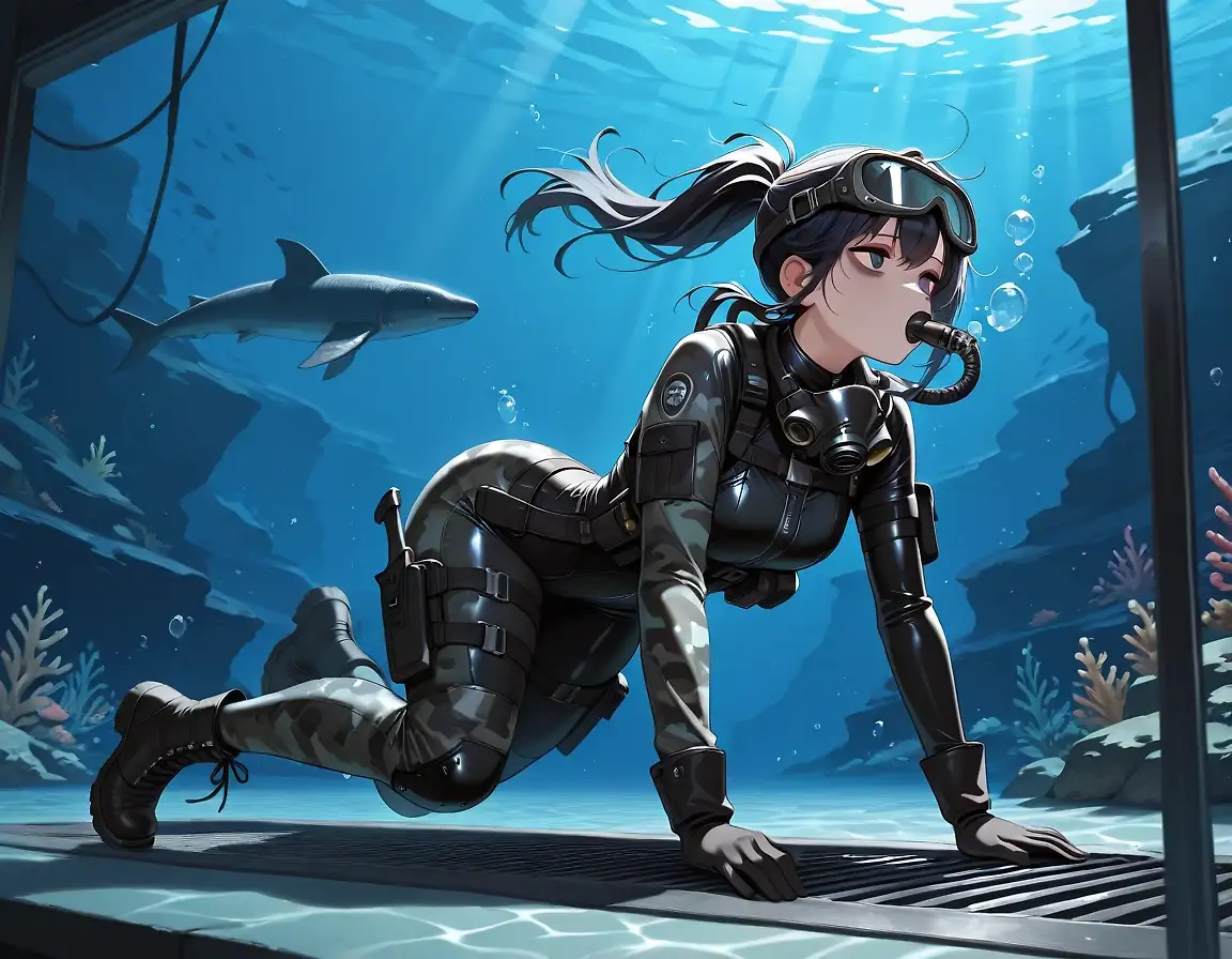 AI art 'Stealth-chan On Assignment' with user description 'No matter where, no matter why, orders are orders.  From the freezing snow to the sweltering desert, under undersea bunkers to mountain hideaways, day or night, she'll go anywhere her orders take her and do whatever needs to be done to complete the mission.

But when she gets back, there's always another assignment waiting.

When does she ever have time to be anything other than a model soldier?'