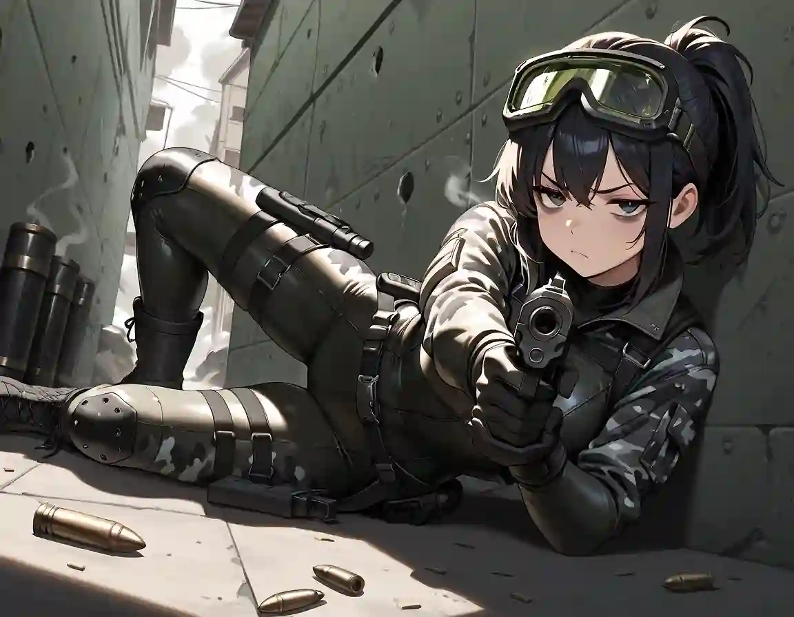 AI art 'Threat Neutralized' with user description 'Meet Stealth-chan, real name [REDACTED].

No matter what's going on, her face betrays nothing and her eyes remain distant, as though distracted by something only she can see.

How many missions has she been on?  How many lives has she taken?  Who is she, really, when the operation is over?

Perhaps not even she knows the answer anymore.'