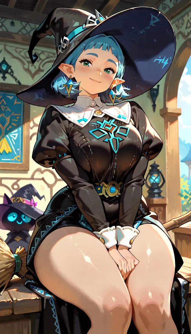 AI art "Cute Witch" for prompt: "Irene_(zelda), Irene_(zelda)pb1, witch, blue_hair, pointy_ears, earrings, witch_hat, black_dress, thick_thighs, chubby, breasts_squeezed_together, broom, cute_smile, looking_at_viewer, elaborate_background, dressed, detailed_background, bright, masterpiece"