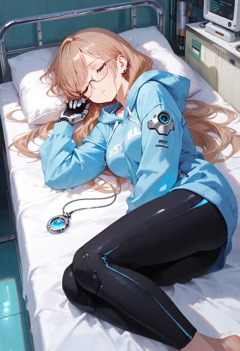 AI art 'Cyberpunk Hana Background Story Part 3' with user description 'Am I still sleeping? It's so dark not a dream, no sounds, no light, just darkness and pain. Pain where there shouldn't be, my arms hurt so much.
???: Hana, it's time for you to wake up again.
Who is calling for me? This voice, I've heard it heard it somewhere before. I'm so tired...
???: Hana, wake up!
This time there is more emphasis in the voice, and force me to open my eyes, even if it is difficult.
Nurse: Good morning sleepyhead, nice to have you awake again. You slept through 2 days, how are you?
Hana: Not very well.
Nurse: Yes, I see that, you fell asleep with wet hair, that doesn't look good. Come on, sit up, I'll take care of it. Oh yes, I haven't introduced myself to you yet, my name is Akiko.
She stands in front of my bed and smiles at me as she takes a comb from the bedside table. Something in her compassionate tone makes me realize that she won't allow any contradiction. I force myself to get up and sit down on the chair she points to. Akiko wasn't that the name nurse with whom the doctor said I should talk about my trauma? My arms, they hurt again, how can that be?
Akiko: Slow down, your body is still very weak, please sit down.
Slowly she starts to comb my hair and untangle it again.
Akiko: You know, when I heard your scream the day before yesterday, I was afraid that you could do something to yourself. I'm just glad that wasn't the case.
She skillfully ties my hair into braids.
Akiko: Done! Tell me, how do you get along with your prostheses?
Hana: Not so good... I know that may sound strange now and know that it can't be, but...
Akiko: They hurt, don't they?
I'm confused how can she... She comes out from behind my back and goes to bedside table, she puts the comb down. I only now notice that she no longer has real arms, she has the same prostheses as me.
Akiko: I can tell from your facial expression that you noticed them. It's called phantom pain Hana, your body hasn't realized that your arms are no longer there. It will get better with time. I'll give you a painkiller that will help you.
She takes a syringe and begins to draw up the painkiller. Somehow she seems to be very insecure and suddenly seems very pale.
Hana: Is there something wrong with Akiko?
Akiko: I... I don't like injections... neither when I get one myself, nor when I have to give it to a patient.
Hana: Are you serious?
It bursts out of me and she notices for herself how absurd it is. She takes all her courage and gives me the injection.
Akiko: I know you have a lot of questions, but let's take it slow. Try to recover a bit until the painkillers work, and only someone with a strong will could smile again now. I'll check on you again later, Hana.
She gives me a smile, turns around and leaves the room. I smiled? I didn't notice that at all.'