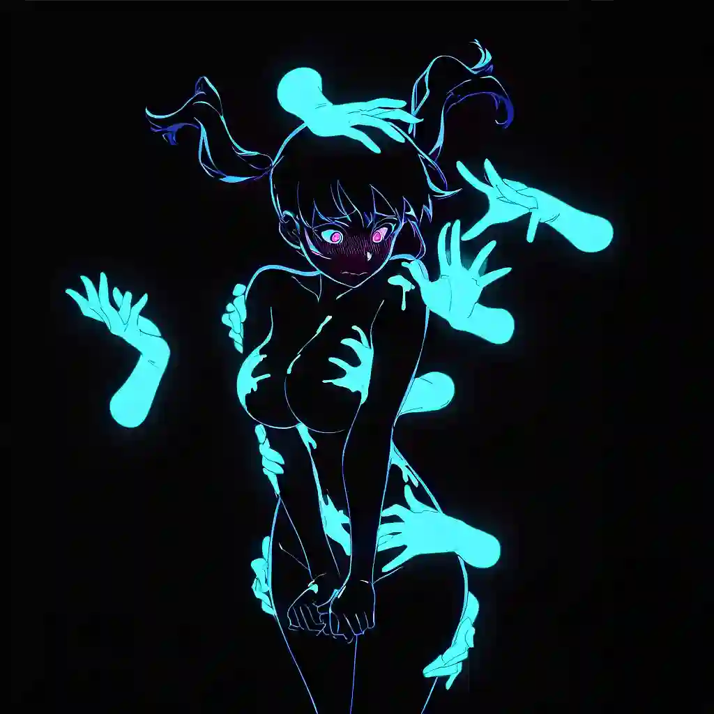AI art 'NIGHTLIFE' for prompt: 'Black background, black light, body paint, neon, glowing, dark, high contrast, 1girl, paint on arm, paint on leg, paint on breast, paint on navel, paint on shoulder wind, reaching, twin tails, disembodied hands, floating hands, embarrassed, head turn, eyes, pale skin, back arched, floating, one leg up, cowboy shot,'
