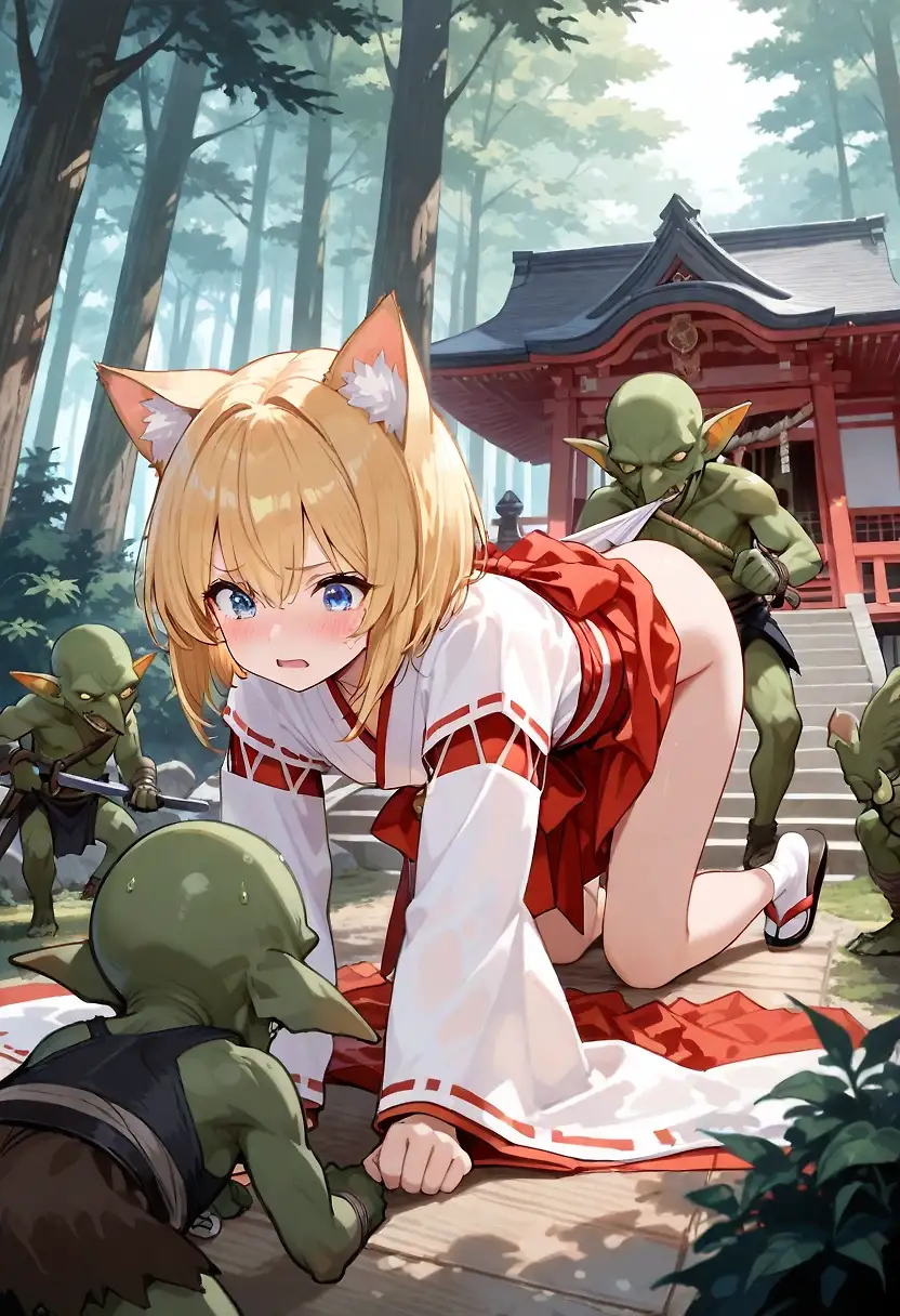 AI art "Goblins capture a Shrine Maiden"