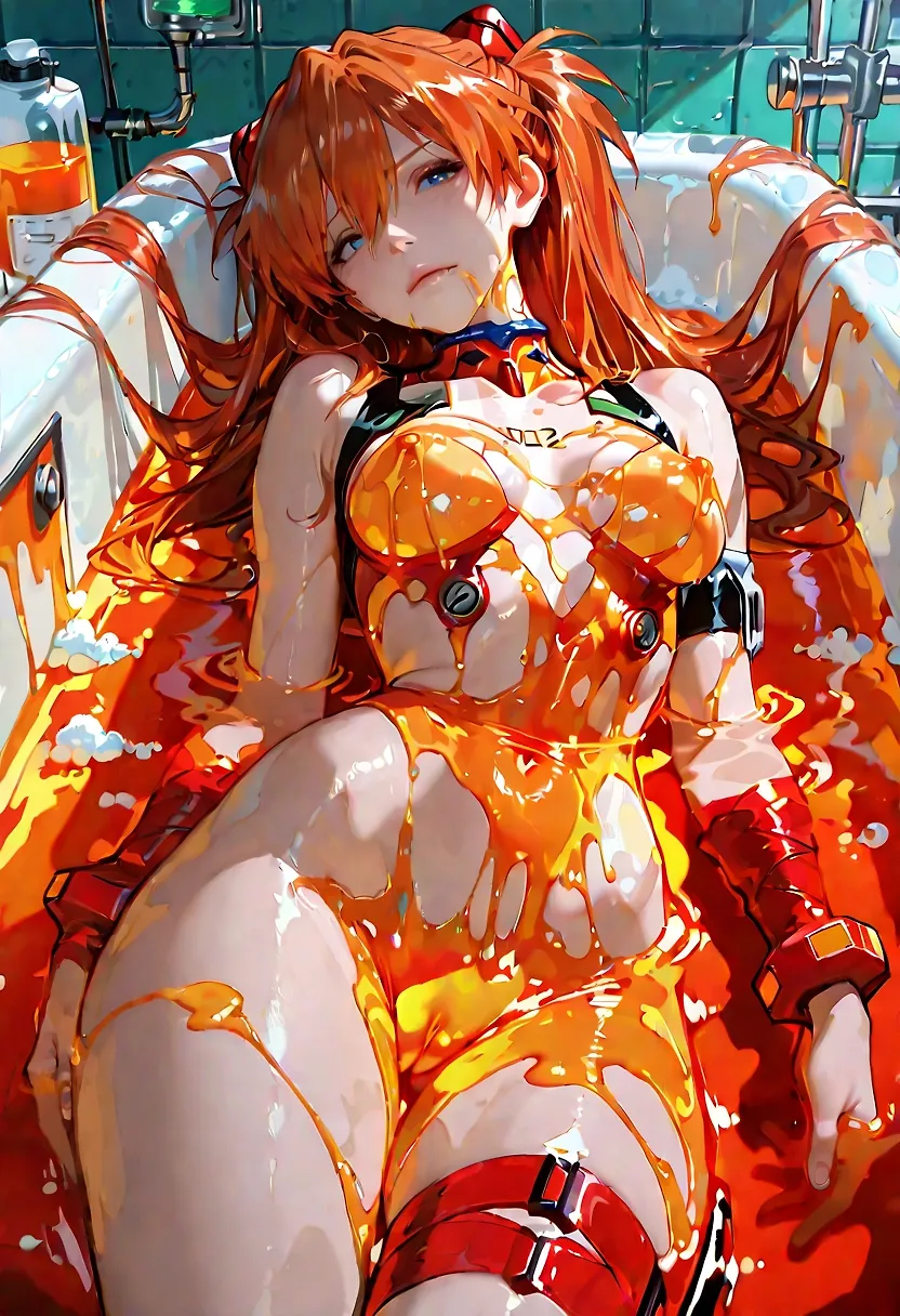 AI art "LCL Immersion" with user description "Souryuu Asuka Langley is fully submerged in a huge tank filled with thick glowing orange LCL liquid. Naked, with tubes and sensors attached to her body, the viscous fluid sensually wraps around and stimulates every inch of her skin.

Even the proud Asuka struggles to maintain control as LCL penetrates her completely 💦"