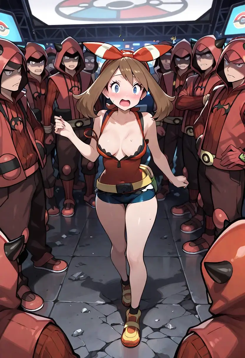 AI art 'Team Magma' with user description 'Ash and May encounter Team Magma for the first time, who raid the Pokémon Center to kidnap an archaeologist.'