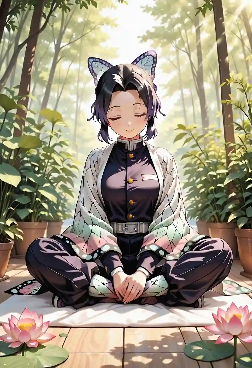 AI art 'Shinobu Meditation' with user description 'Shinobu getting a surprise during meditation.'