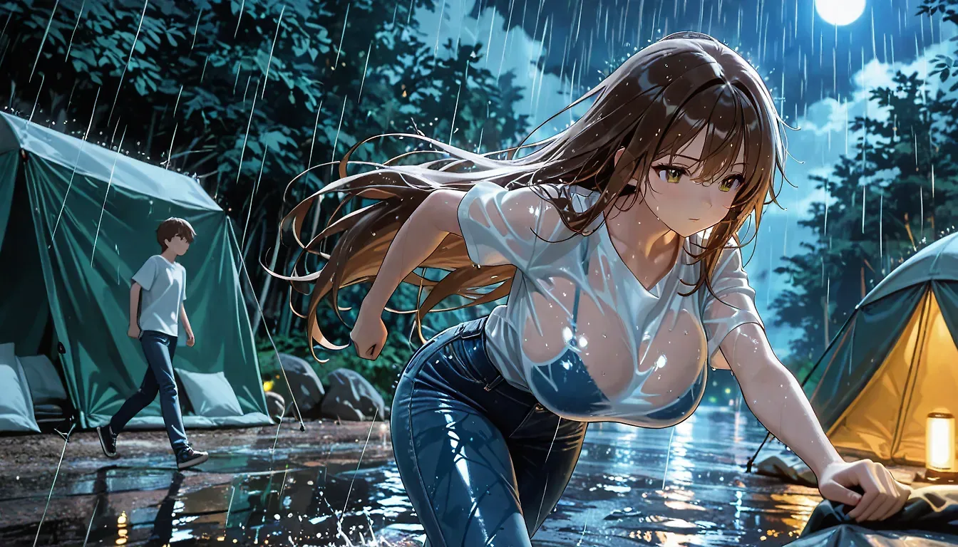 AI art "A night well spent." with user description "When Miyo runs back, drenched from a late-night walk through the forest campsite, she thinks the rest of her trip is ruined. But she hadn’t counted on Mitsuru — the young man whose tent had just sprung a leak.
After a moment of hesitation, a captivating conversation sparks between them, revealing a passion they both share : ... deep passionate sex !
They started the evening as complete strangers… yet by the end of their stay, they’re bound by something far deeper.
What future awaits them?"