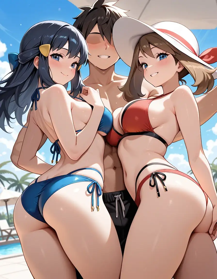 AI art 'Can you handle both of of us' with user description 'During her holidays, May stumble on Dawn who was seducing a guy at the pool.
She décides to join her and make him fall for them. The more the merrier !'