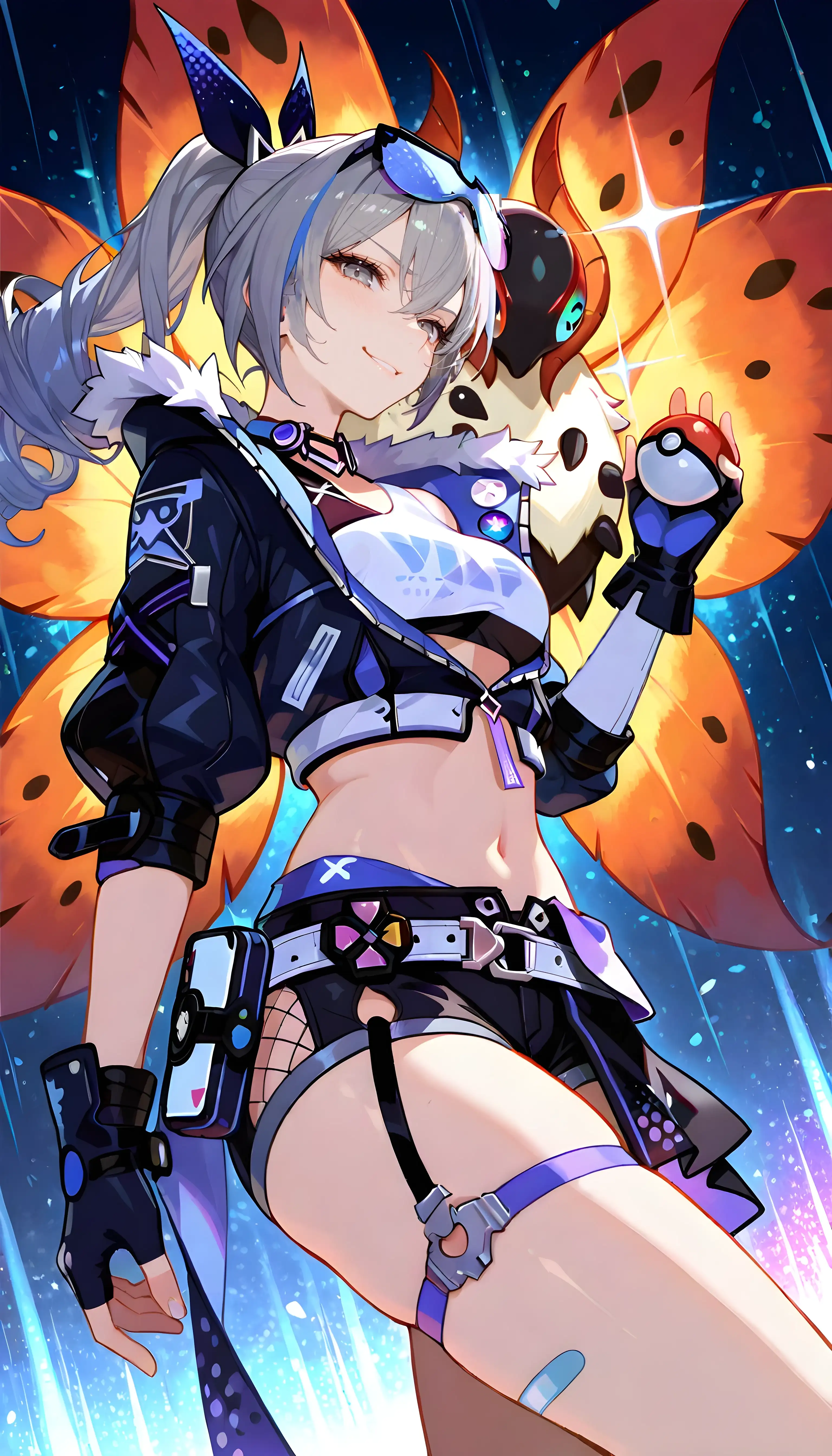 AI art 'Silver Wolf and her Pokémon Team' with user description 'Pokémon as they appear:

1. Volcarona 
2. Grimmsnarl
3. Miraidon
4. Urshifu
5. Incineroar
6. Lunala

What video game is next?'