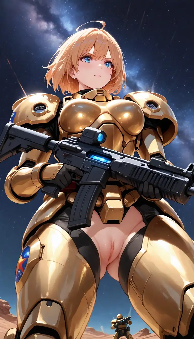 AI art 'Goldie : For Super-Earth !' with user description 'Goldie joins zuzul's team 😏

... but, it didn't go according to plan... girls will be girls 🤗

Damn you guys! @kokoroto, @zuzul, @warmicestudios and @starima, you've infected me with cuteness :3 🥹

P.S. As for the tactical suit leaving her pussy and ass completely exposed… yeah, regrettably, the ‘drain problem’ still hasn’t been fixed 😭 

But we're working on it… (no we're not) 😉'